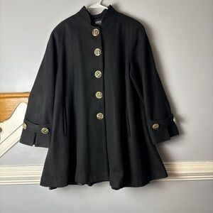 Vintage Jofeld Black Wool Blend Swing Pea Coat with Gold Buttons. Union 90s